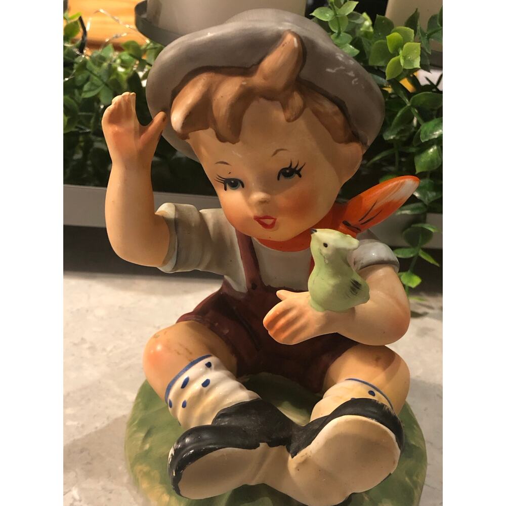 Vintage Nasco Boy With Bird waving Hand Painted 6x4x4.5